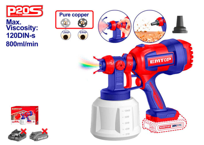 PISTOLA PINTURA BATERIA 20V 0.1-0.2bar 800ml/min - P20S EMTOP (NO INCLUYE BATERIA NI CARGADOR)